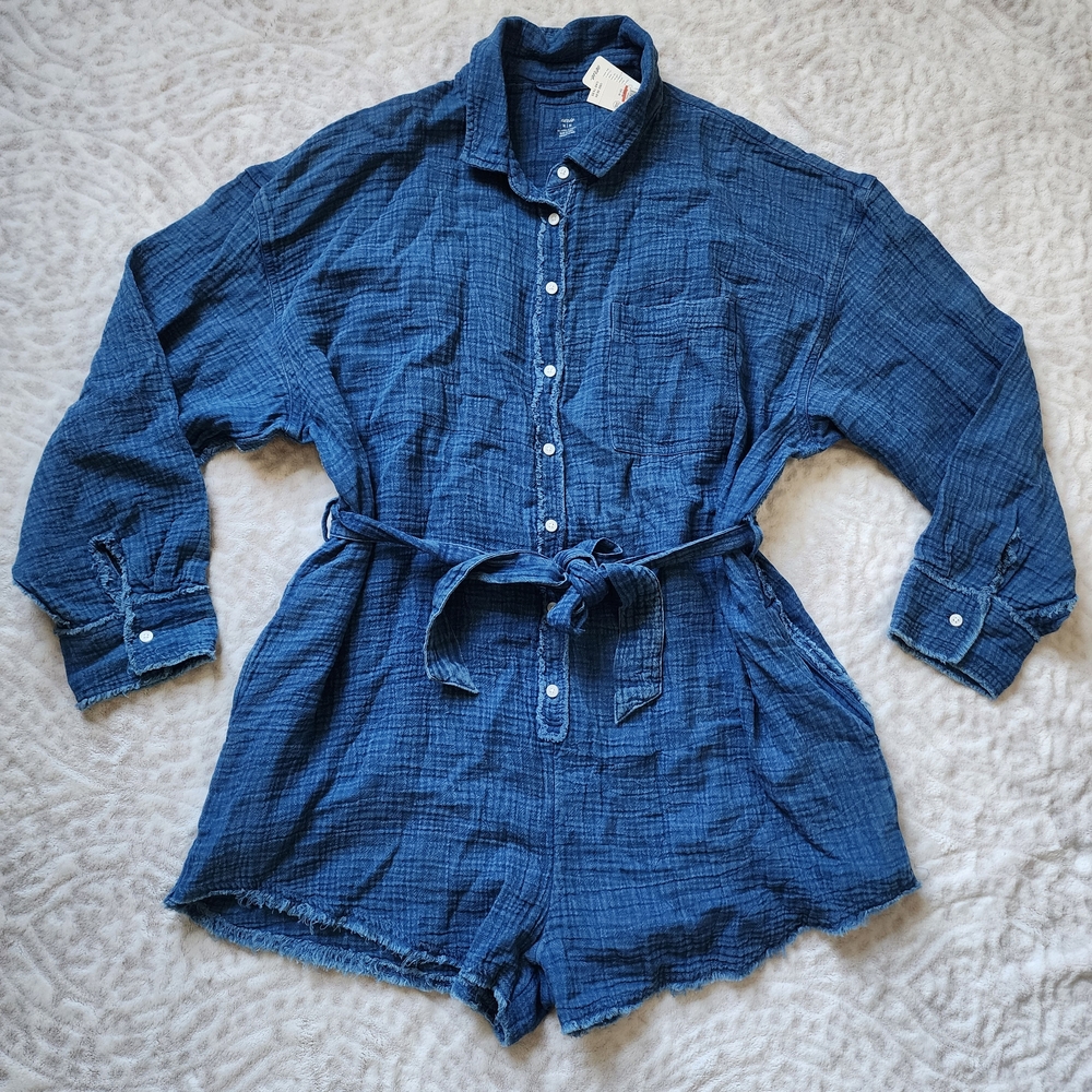 Aerie‎ Womens Gauzy Belted Romper Sz M Blue NWT